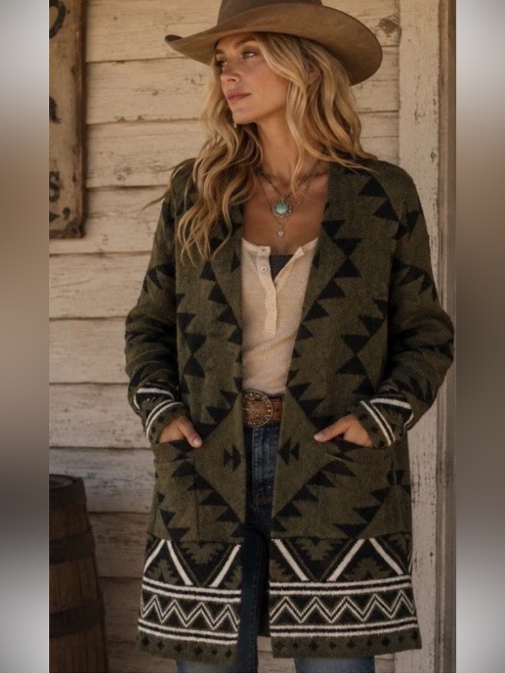 Frye Womens Open Front Olive Green & Black Geometric Aztec Cardigan. Sz XL